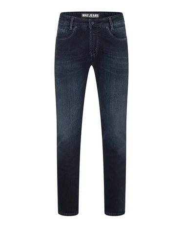 A pair of Mac-Jeans Arne Slim Pipe Jeans, Dark Blue shown flat against a solid white background, featuring a slim straight-leg fit and the MACJEANS brand label visible at the waistband.