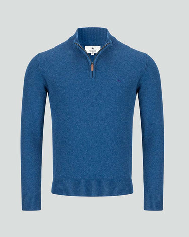 A blue long-sleeve quarter-zip knit sweater with a ribbed mock neck, cuffs, and hem, displayed on a neutral light gray background.
