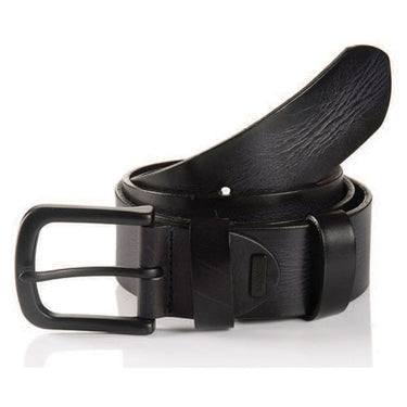 A Monti Dallas Leather Belt, Black with a buckle, displaying a flat strap and a buckle clasp.
