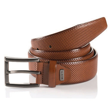 A Monti Dublin Business Belt, Cognac with a metallic buckle, laid out in a loose loop on a white background.