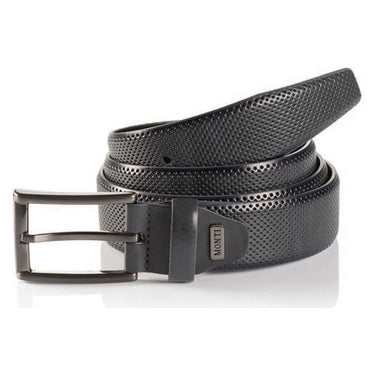 A Monti Dublin Business Belt, Grey with a textured surface and a metallic buckle, branded with the name 'Monti'.