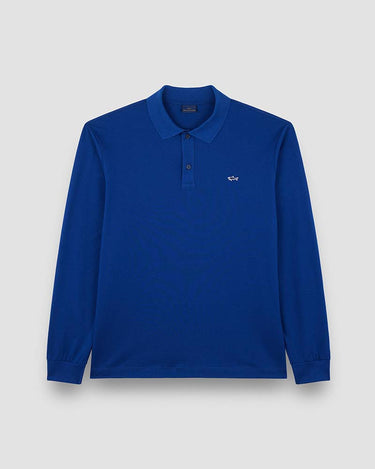 A Paul & Shark Long Sleeve Pique Polo, Blue with a small white embroidered whale logo on the left chest, displayed on a neutral light gray background.