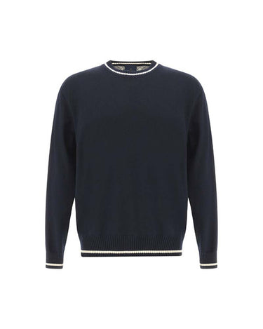 A Paul & Shark Pure Wool Crewneck, Blue with white contrast trim at the collar, cuffs, and hem, displayed on a clean white background.
