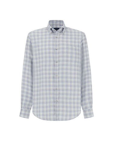A Paul & Shark Tartan Twill Shirt, Blue with a fine blue and white checkered pattern, displayed on a clean white background.