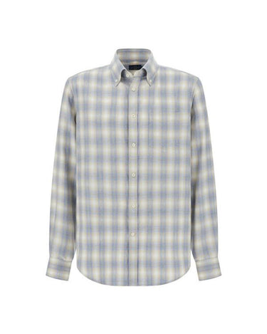A Paul & Shark X-Soft Check Flannel Shirtwith a light blue and beige plaid pattern, shown against a plain white background.