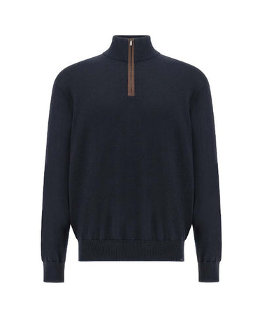 A Paul & Shark X-Soft Wool Half Zip, Blue with a brown leather zipper pull, shown on a plain white background.
