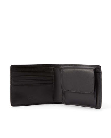 A bR.M. Williams Bifold Wallet, Black shown open, displaying its interior compartments including card slots and a pocket, on a clean white background.