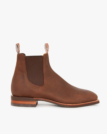 A brown R.M. Williams Comfort Craftsman, Bark with elastic side panels and a low heel.