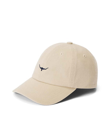 A R.M. Williams Longhorn Twill Cap, Ecru with a small black embroidered longhorn logo on the front, displayed on a clean white background.