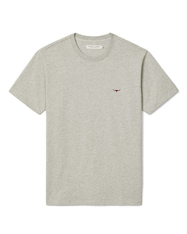 A R.M. Williams Parson T-Shirt, Grey Marle with a small embroidered brown bird logo on the left chest, displayed flat against a white background.