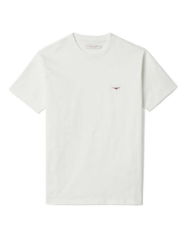 A R.M. Williams Parson T-Shirt, Whitewith a small red embroidered longhorn logo on the left chest, displayed flat against a white background.