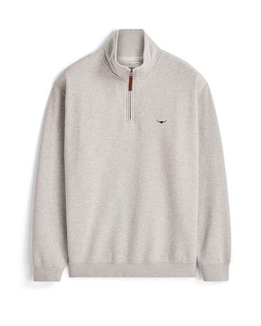 A R.M. Williams Quarter Zip Sweat, Grey Marle with a mock neck collar, featuring a small embroidered logo on the left chest and a brown leather pull tab on the zipper.