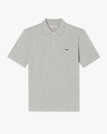 A R.M. Williams Rod Pique Polo, Grey with a small navy embroidered bird logo on the left chest, displayed on a clean white background.