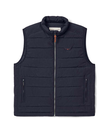 A R.M. Williams Rydal Padded Gilet, Navy, stand-up collar, and zippered side pockets, shown flat against a white background.