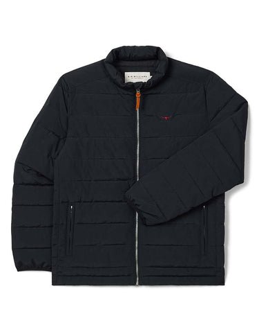 A R.M. Williams Rydal Padded Jacket, Black with a stand-up collar, front zipper, and a small red embroidered logo on the chest, displayed flat against a white background.