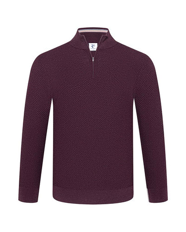 A R2 Merino Wool Half Zip in Bordeaux Red with a stand collar, shown on a plain white background.