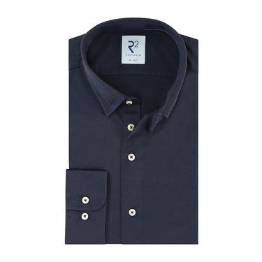 A R2 Modern Fit Travel Shirt, Navy with a collar, displayed on a white background. The brand label 'R2' is visible on the upper left corner.