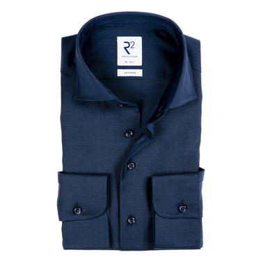 R2 Wool Modern Fit Shirt, Navy with a brand label on a white background