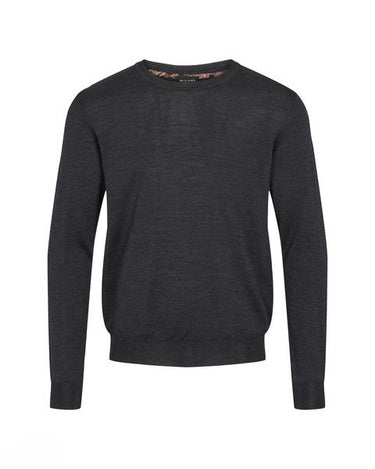 A SAND Merino Crew Neck Jumper, Charcoal with a crew neck, displayed on a clean white background.