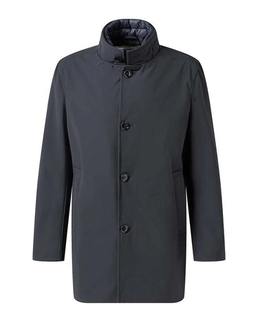 A Strellson Finlay Flex City Coat, Dark Bluewith a high stand collar, three-quarter button closure, and side pockets, shown on a plain white background.