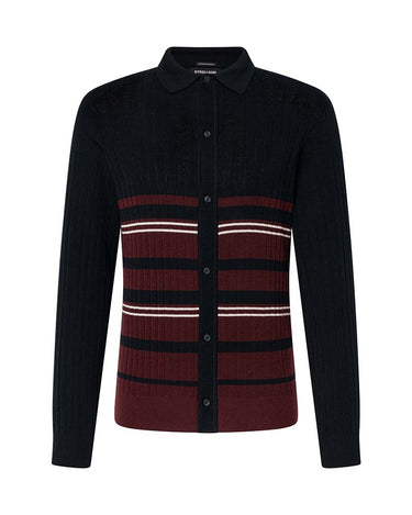 A Strellson Jarus Wool Knit Shirt, Dark Red with a dark navy ribbed body and sleeves, featuring a horizontal striped pattern across the chest and lower front in burgundy, black, and thin cream stripes, on a plain white background.