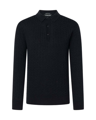 A Strellson Kito Polo Collar Knit, Dark Blue with a textured cable pattern, shown on a plain white background.
