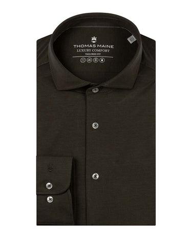 A dark brown long-sleeve dress shirt by Thomas Maine, featuring a button-down front, a spread collar, and a single-button cuff, shown against a plain white background.