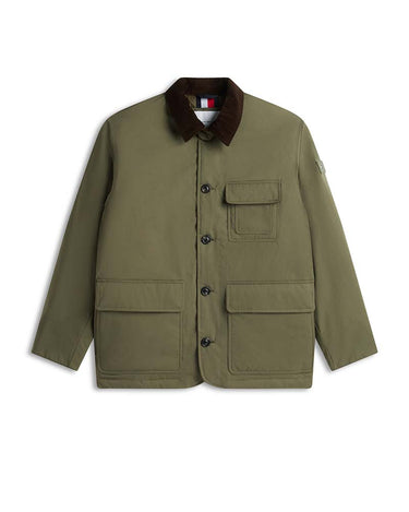 An olive green Tommy Hilfiger Corduroy Collar Padded Ripstop Barn Jacket, featuring a button-up front, a chest pocket, and two large front flap pockets, shown against a plain white background.