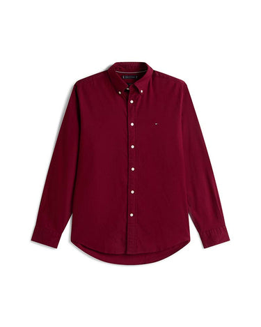 A long-sleeve button-down Tommy Hilfiger Flex Flannel Shirt, Burgundy, featuring a classic collar, white buttons, and a small embroidered Tommy Hilfiger flag logo on the left chest, displayed on a clean white background.