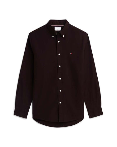 A Tommy Hilfiger Flex Flannel Shirt, Chocolate brown with a small embroidered Tommy Hilfiger flag logo on the left chest, displayed on a clean white background.