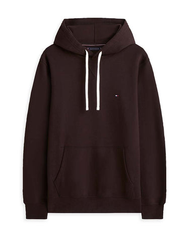 A Tommy Hilfiger Peached Fleece Contrast Drawstring Hoodie with white drawstrings and a small embroidered Tommy Hilfiger flag logo on the left chest, displayed on a clean white background.