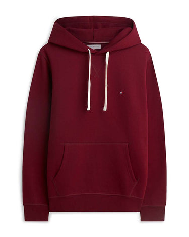 A Tommy Hilfiger Peached Fleece Hoodie, Wine with white drawstrings and a small embroidered Tommy Hilfiger flag logo on the left chest, displayed on a clean white background.