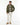 A man modeling an olive green Tommy Hilfiger Corduroy Collar Padded Ripstop Barn Jacket, worn over a green and white striped sweater, cream trousers, and tan suede shoes, against a plain white studio background.