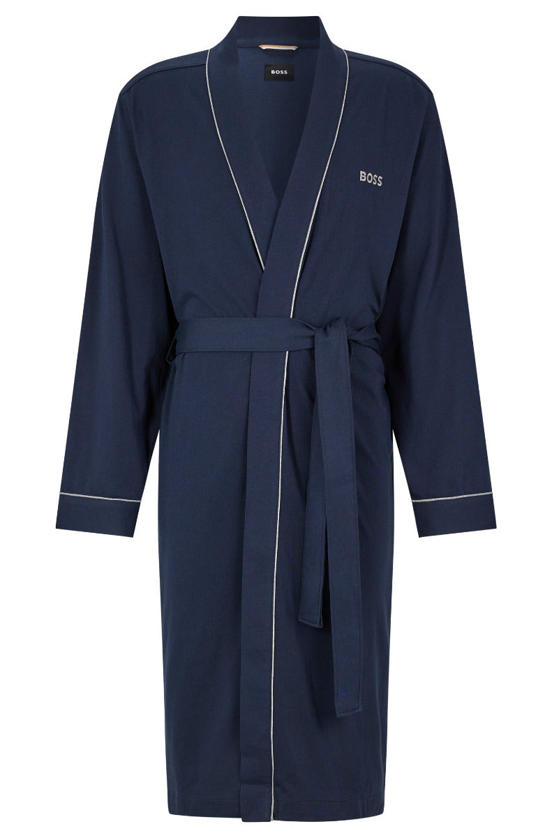Cotton-jersey dressing gown with logo and piping Dark Blue