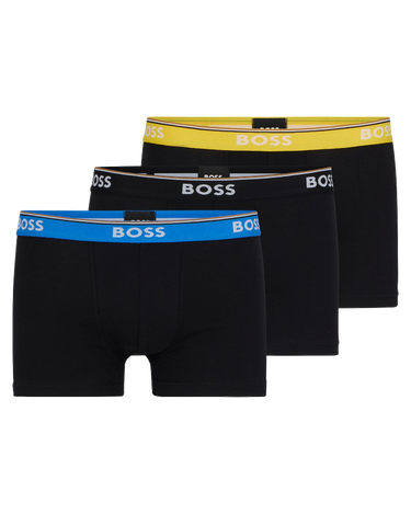 Boss Bodywear Three-pack of stretch-cotton trunks with logo waistbands  Black available at Hanley & Co Menswear Galway – Hanley & Co.