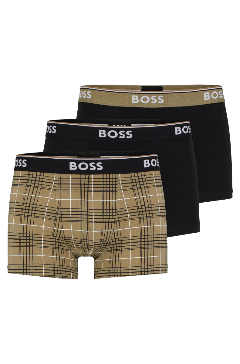 Three-pack of logo-waistband trunks in stretch cotton Black / Beige