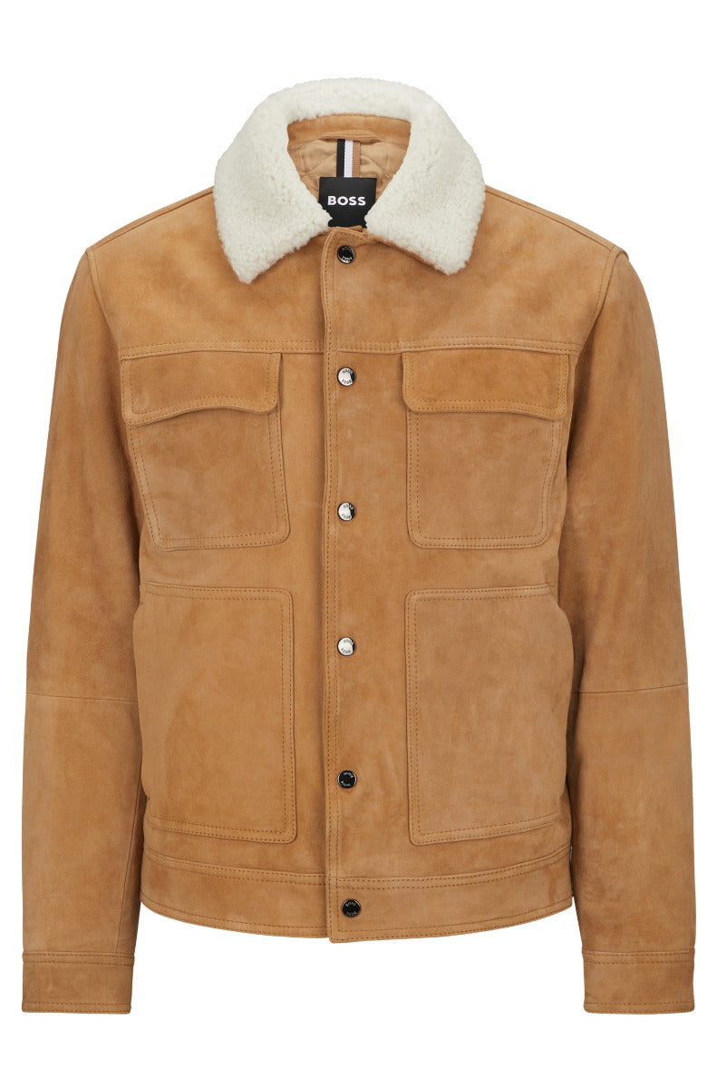 Mahdi Suede jacket with teddy collar and patch pockets Medium Beige