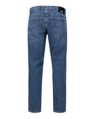 A pair of Alberto dark blue pipe jeans with a regular fit, displayed against a plain background.