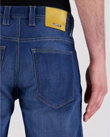 Alberto Pipe Regular Fit Jeans, Blue with a yellow patch on the back pocket against a plain background