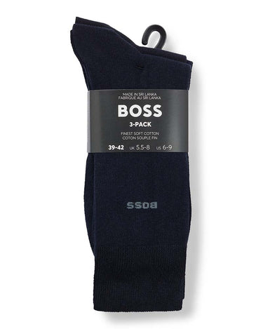 A 3-pack of dark navy blue BOSS cotton crew socks in a 39-42 size, packaged with a black cardboard band and plastic hanger.