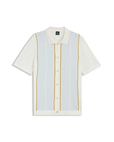 BOSS Lastro Short Sleeve Cardigan, Off White with vertical stripes on a white background