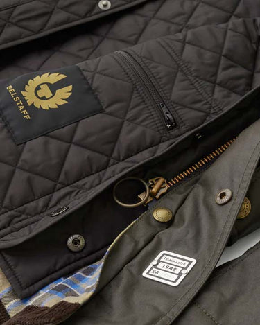 Belstaff Trialmaster Waxed Jacket, Olive with Belstaff logo and brand details