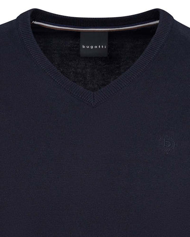 Bugatti V Neck Jumper, Navy with Bugatti logo on a black background