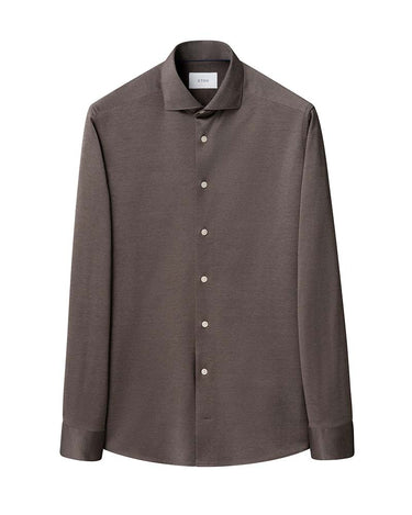 A Eton Filo di Scozia Jersey Slim Fit Brown Shirtwith a spread collar, displayed on a clean white background.