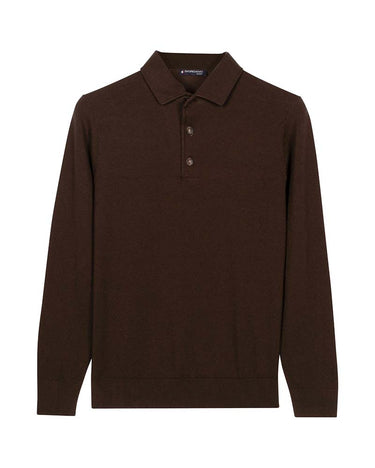 A dark brownGiordano Merano Knit Long Sleeve  polo sweater with a three-button placket, displayed on a clean white background.