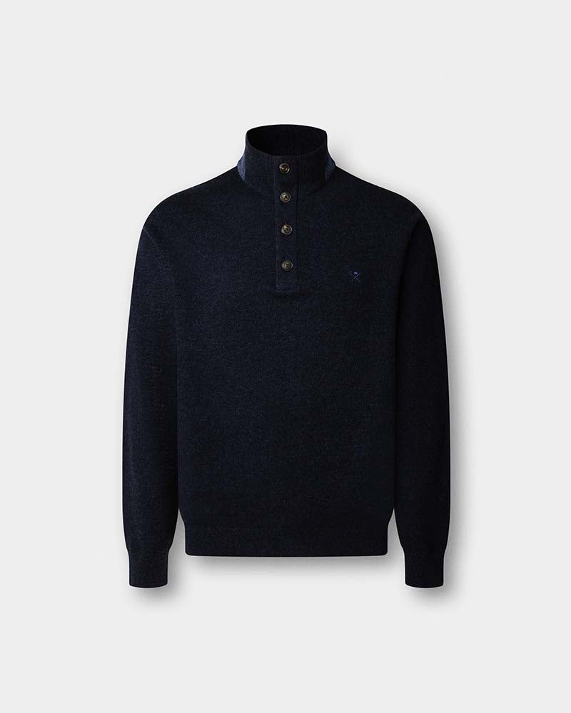 Hacket Herringbone Trim Button Mock Neck