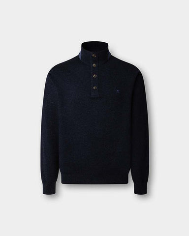 Hacket Herringbone Trim Button Mock Neck