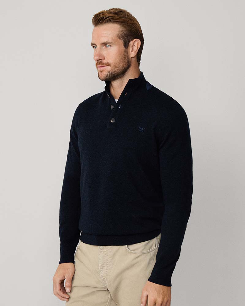 Hacket Herringbone Trim Button Mock Neck