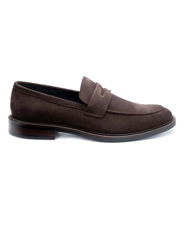 A dark brown suede penny loafer shown from a side profile view against a plain white background.