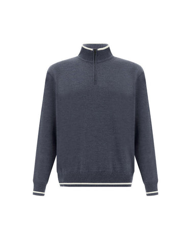 A Paul & Shark Striped Trim Half Zip, Indigo Blue with white contrast trim at the collar, cuffs, and hem, displayed on a clean white background.